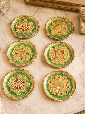 Set of 6 Vintage Italian Florentine Hand-Painted Carved Wooden Wine Coasters